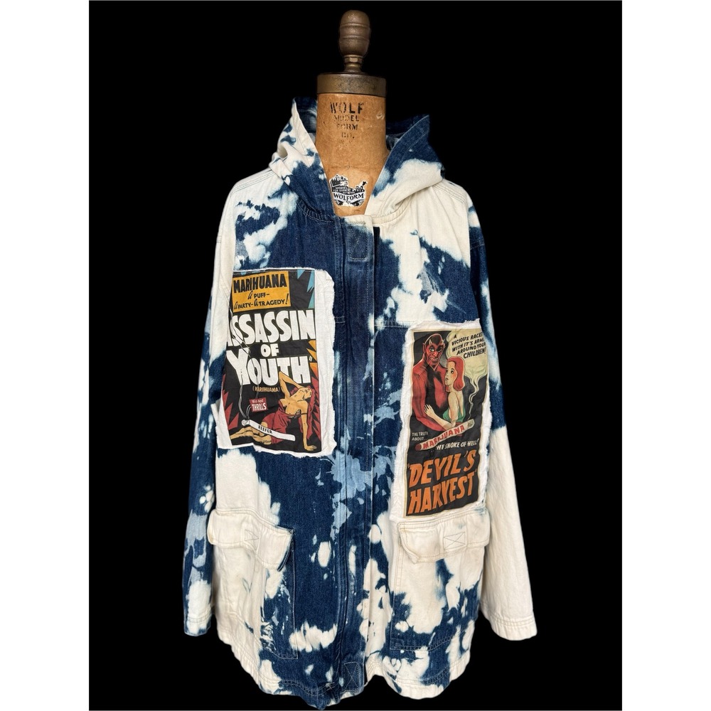 Vintage Marijuana Propaganda Hooded Denim Utility Coat XL XXL Oversized